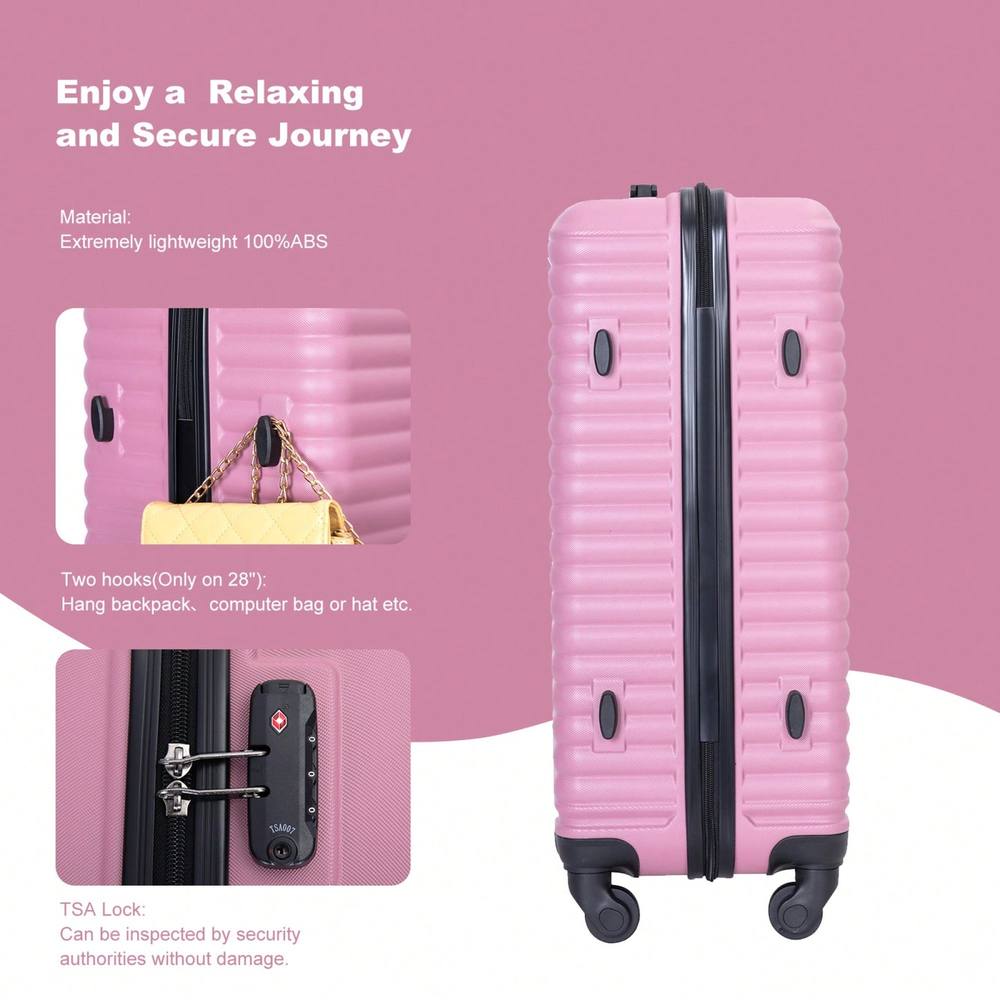 Stylish 3-Piece Lightweight Luggage Set With Spinner Wheels, Two Hooks & TSA Lock - Pink Suits For Travel (20/24/28)