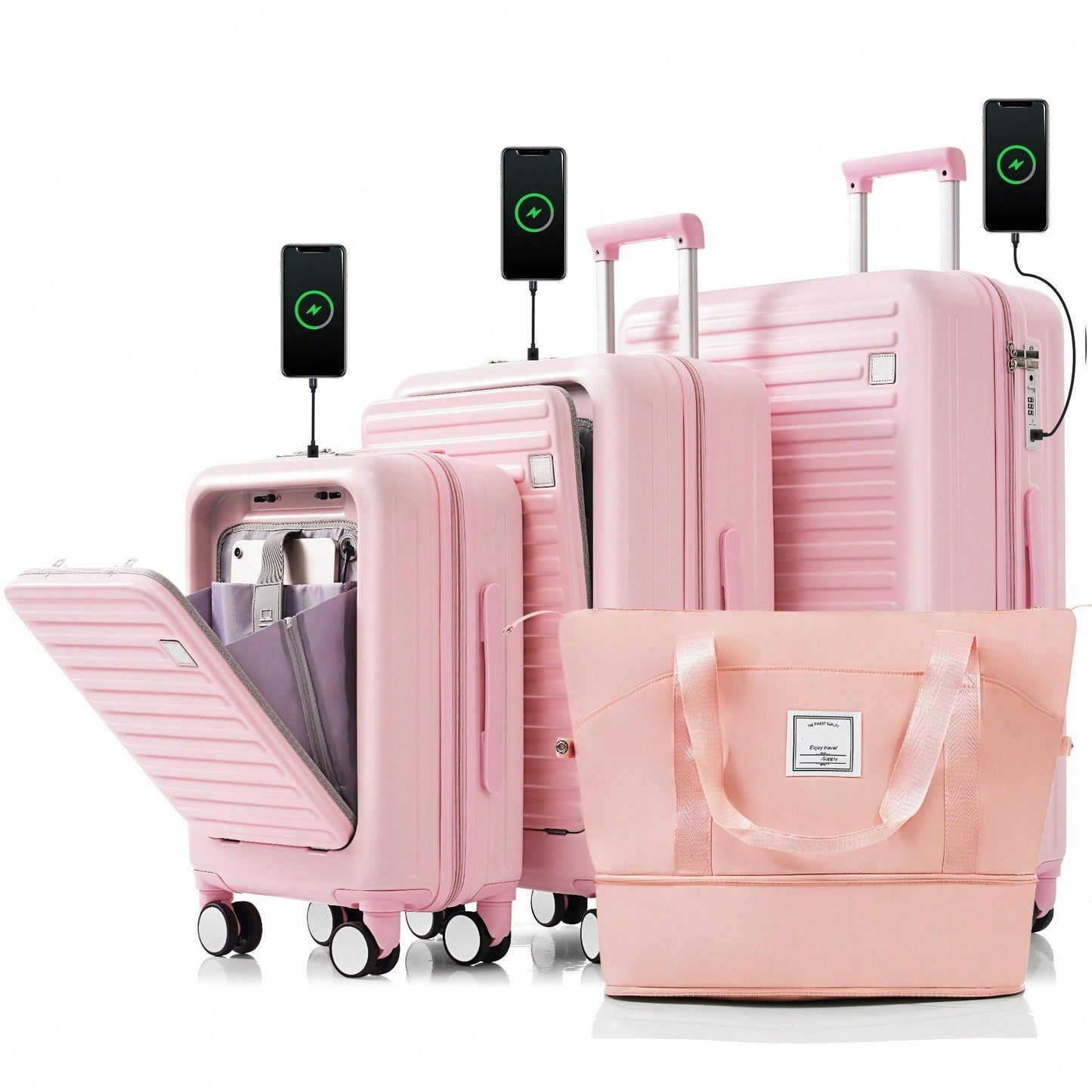 Expandable 4-Piece Luggage Set With USB Port And Cup Holder - Airline Certified Hard Shell Carry-On Bags In Ivory And Gold