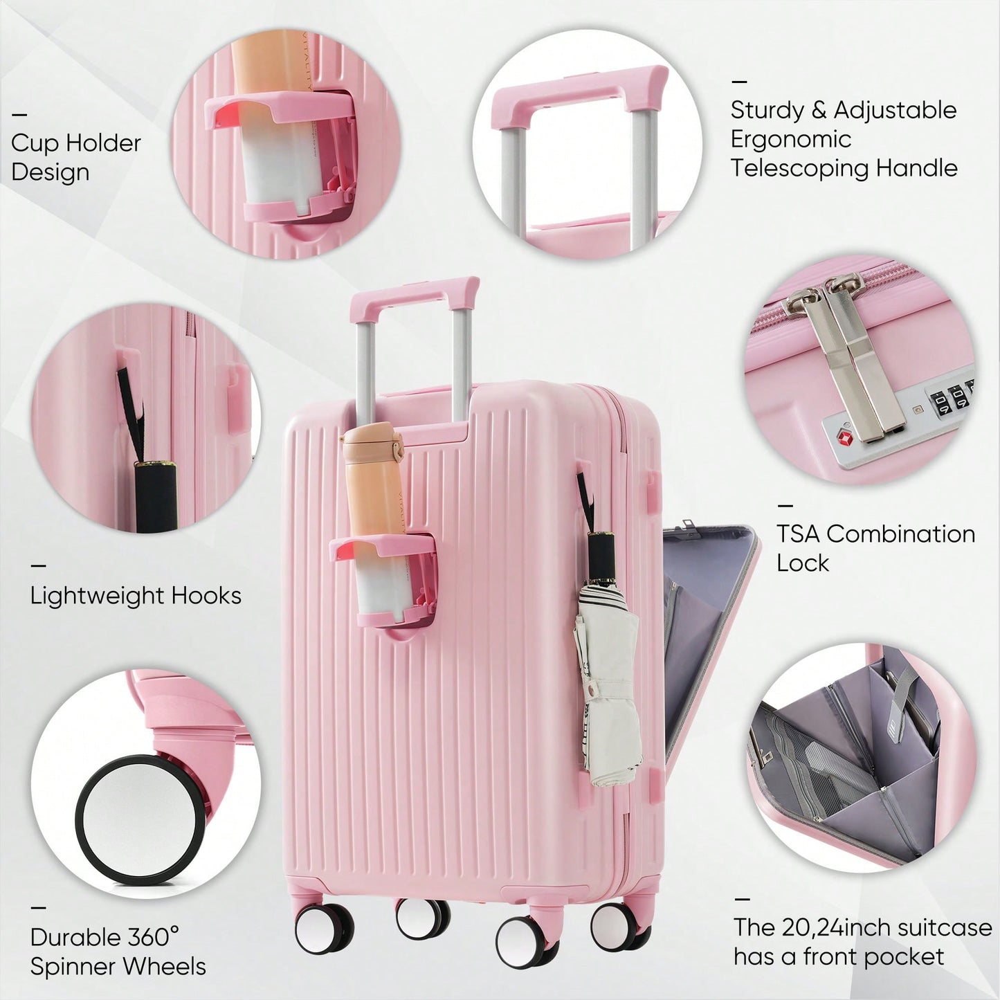 Expandable 4-Piece Luggage Set With USB Port And Cup Holder - Airline Certified Hard Shell Carry-On Bags In Ivory And Gold