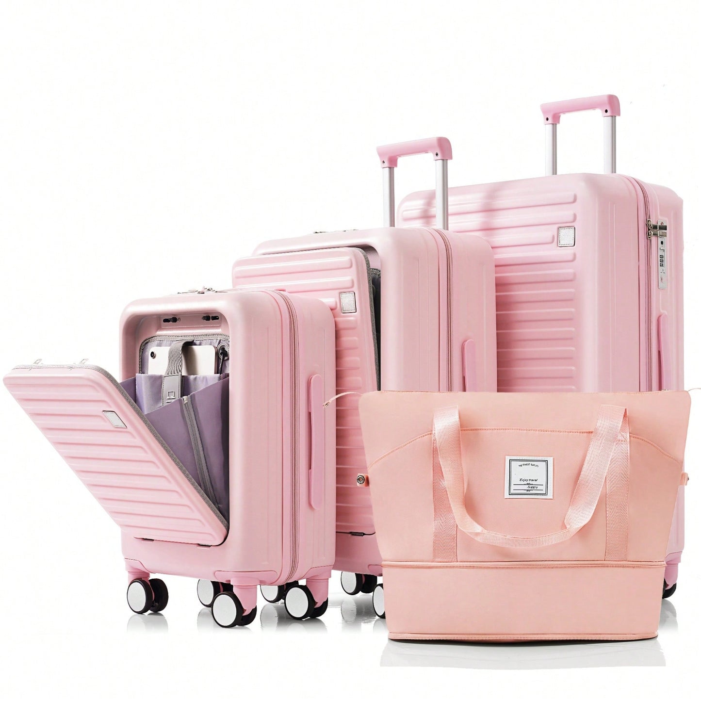 Expandable 4-Piece Luggage Set With USB Port And Cup Holder - Airline Certified Hard Shell Carry-On Bags In Ivory And Gold