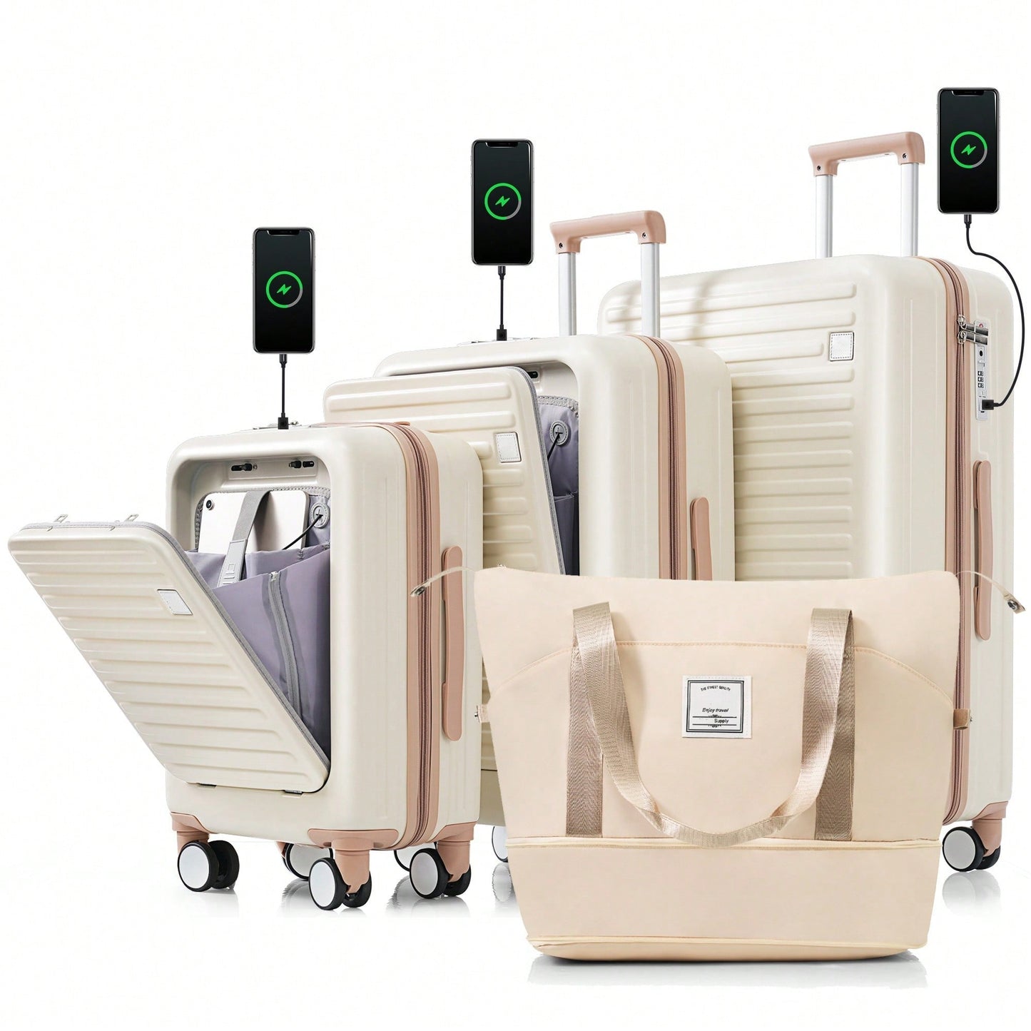 Expandable 4-Piece Luggage Set With USB Port And Cup Holder - Airline Certified Hard Shell Carry-On Bags In Ivory And Gold