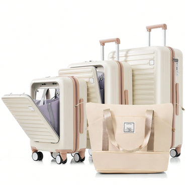 Expandable 4-Piece Luggage Set With USB Port And Cup Holder - Airline Certified Hard Shell Carry-On Bags In Ivory And Gold
