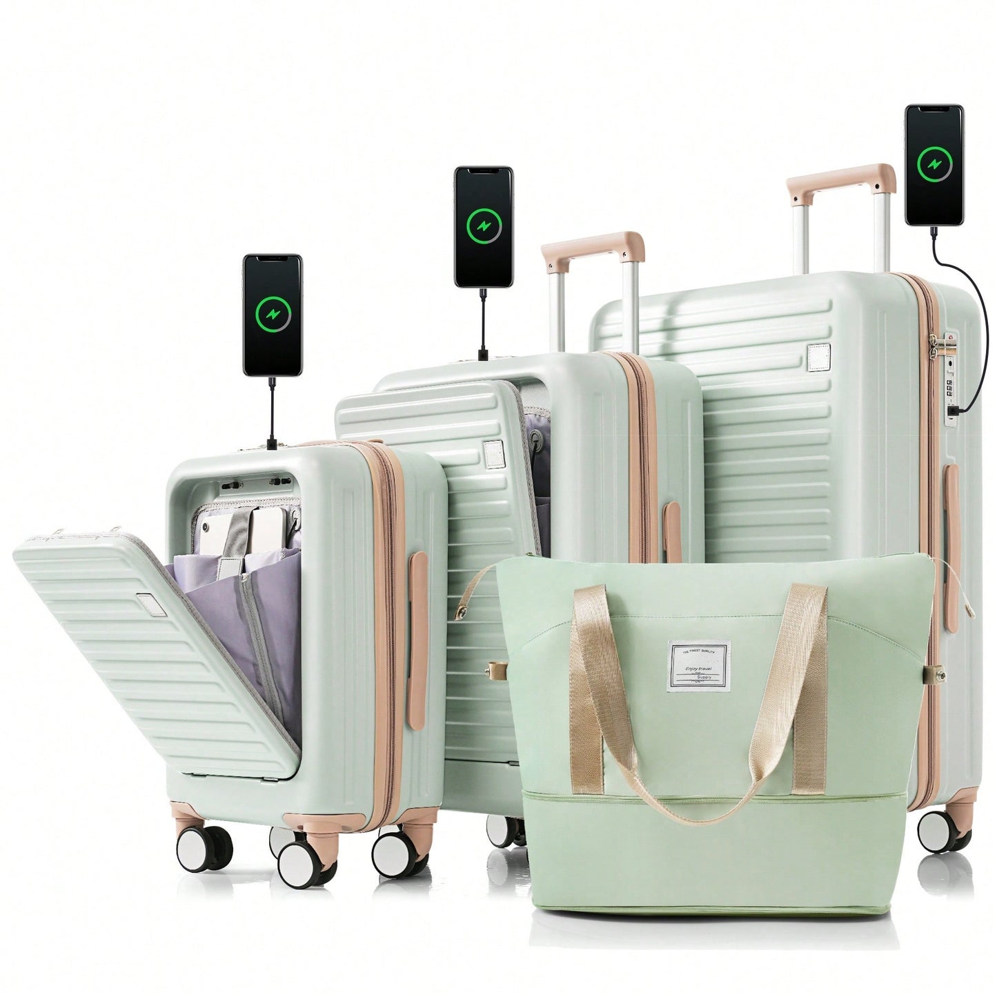 Expandable 4-Piece Luggage Set With USB Port And Cup Holder - Airline Certified Hard Shell Carry-On Bags In Ivory And Gold