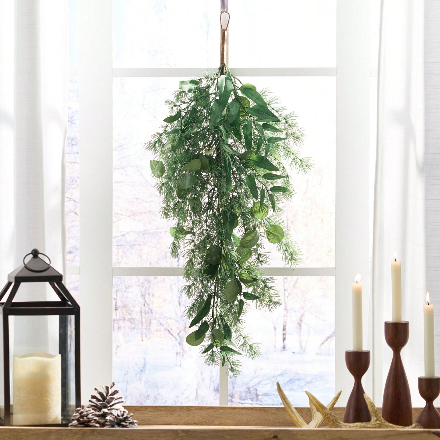 32.5" Decorative Leaves Teardrop Wreath For Home Entrance And Seasonal Decor