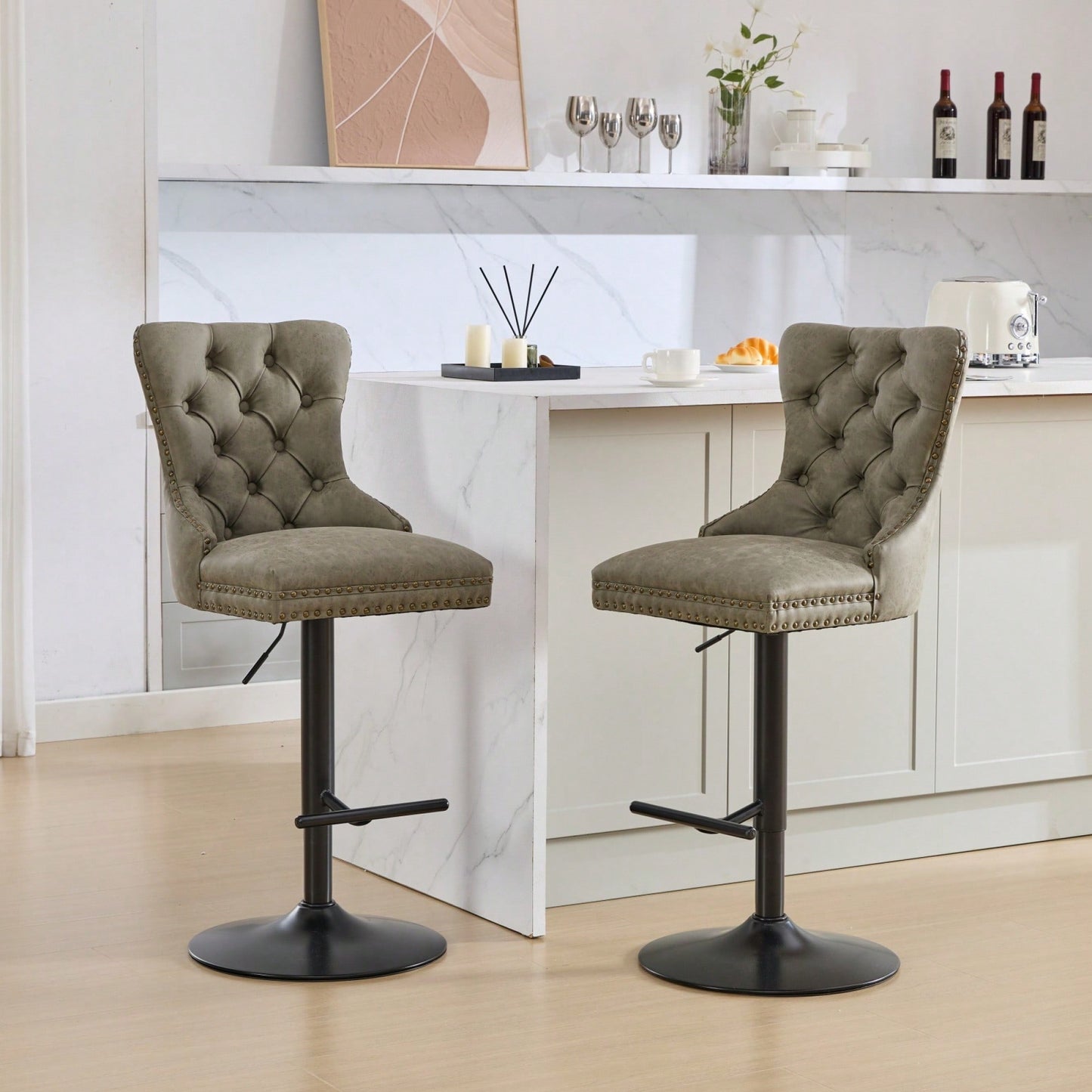 Olive Green Adjustable Height Aged Retro PU Swivel Bar Stools Set of 2 with Comfortable Tufted Back for Kitchen Island and Home Pub
