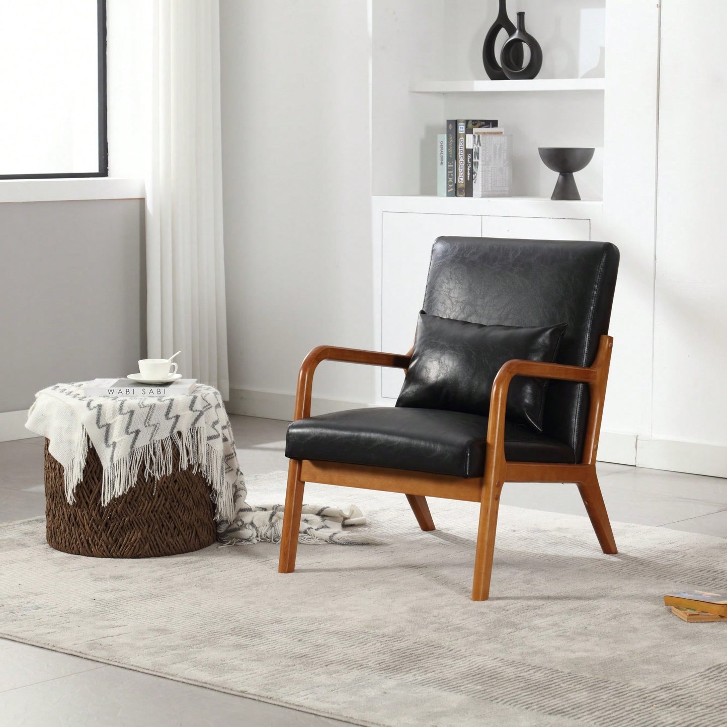 Stylish Modern Accent Chair With Solid Wood Frame And Plush Cushion For Living Room, Bedroom, Or Guest Room In Black PU