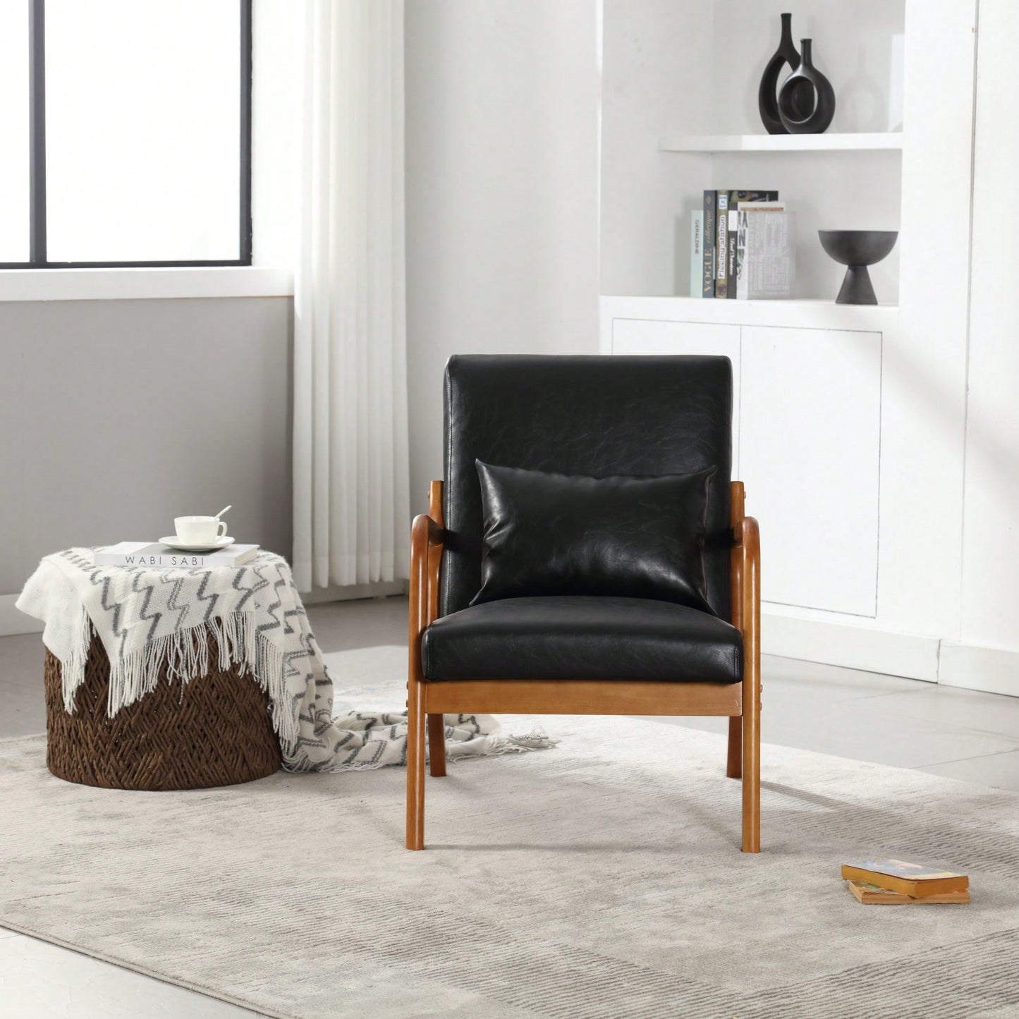 Stylish Modern Accent Chair With Solid Wood Frame And Plush Cushion For Living Room, Bedroom, Or Guest Room In Black PU