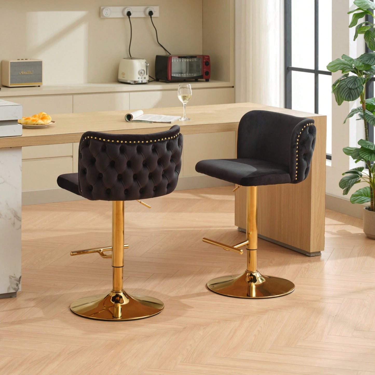 Elegant Adjustable Swivel Barstools with Gold Base Velvet Upholstered Tufted Back for Kitchen Islands and Home Bars Set of 2 Black
