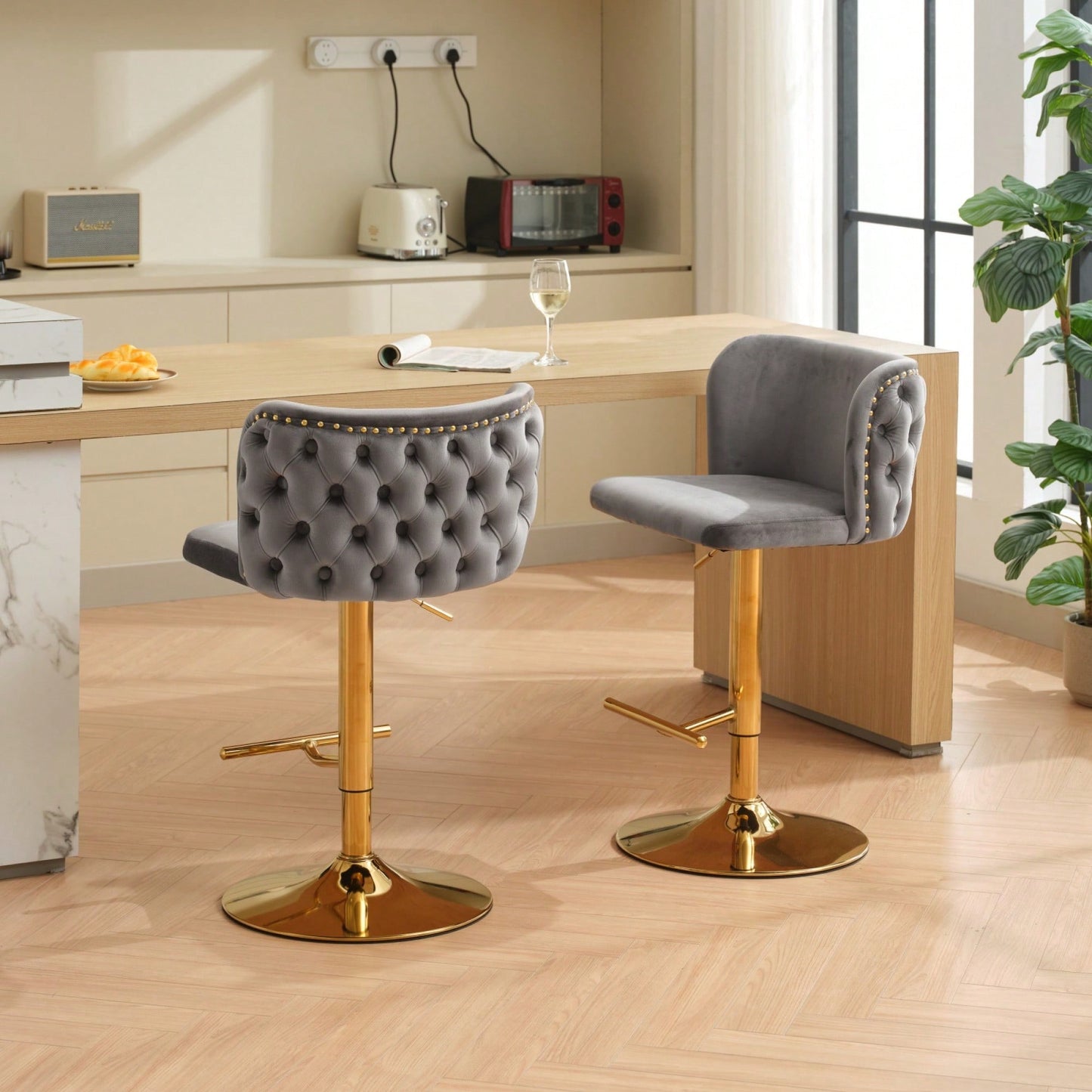 Elegant Adjustable Swivel Barstools with Gold Base Velvet Upholstered Tufted Back for Kitchen Islands and Home Bars Set of 2 Black