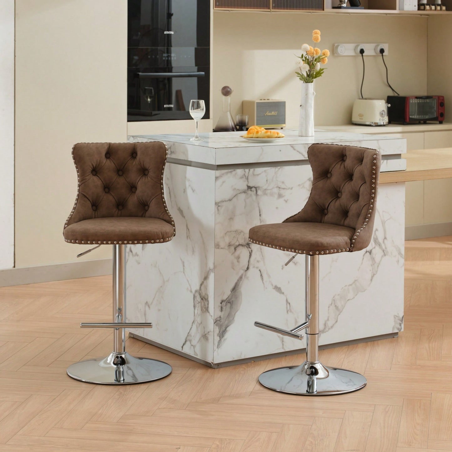 Beige Adjustable Swivel PU Leather Bar Stools with Tufted Backs Chrome Base Set of 2 Height 25-33 Inches for Home Pub and Kitchen Island