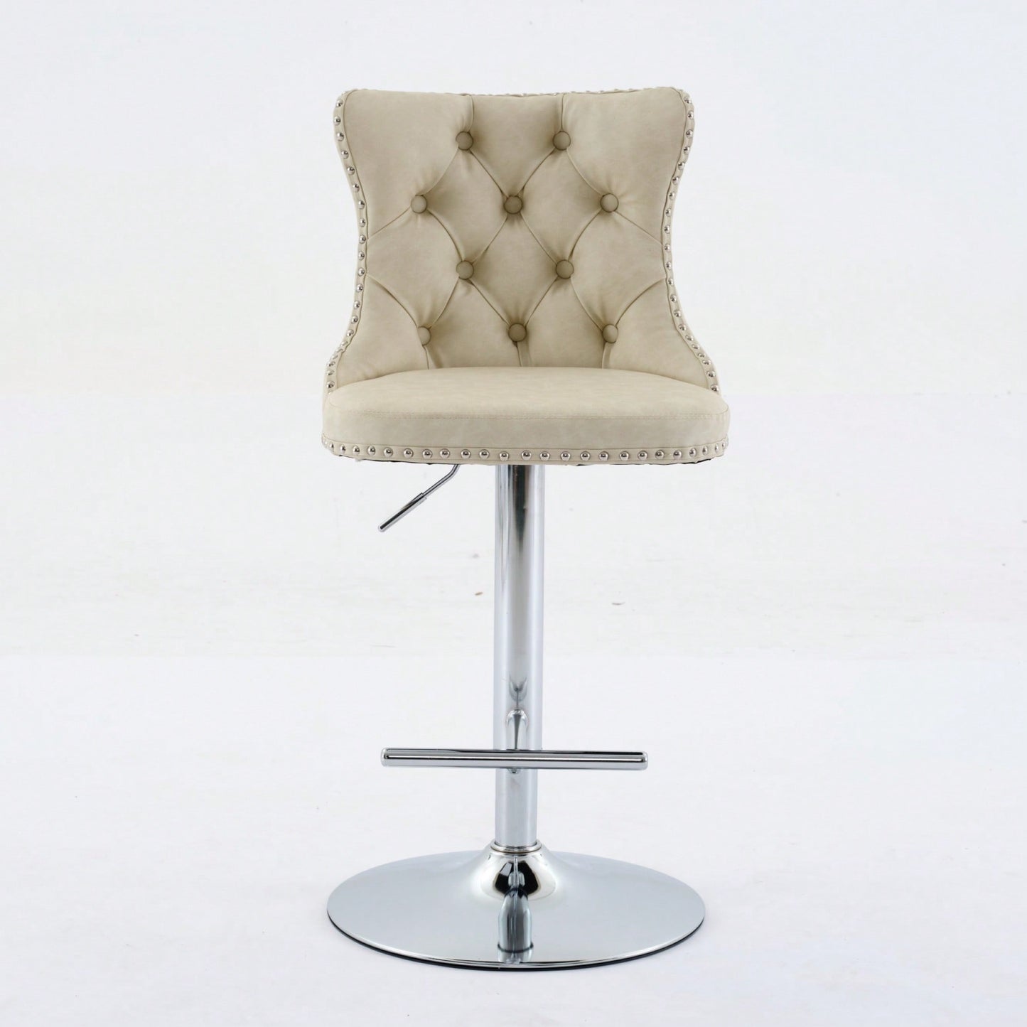 Beige Adjustable Swivel PU Leather Bar Stools with Tufted Backs Chrome Base Set of 2 Height 25-33 Inches for Home Pub and Kitchen Island