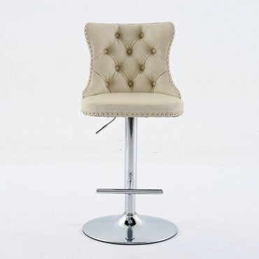 Beige Adjustable Swivel PU Leather Bar Stools with Tufted Backs Chrome Base Set of 2 Height 25-33 Inches for Home Pub and Kitchen Island