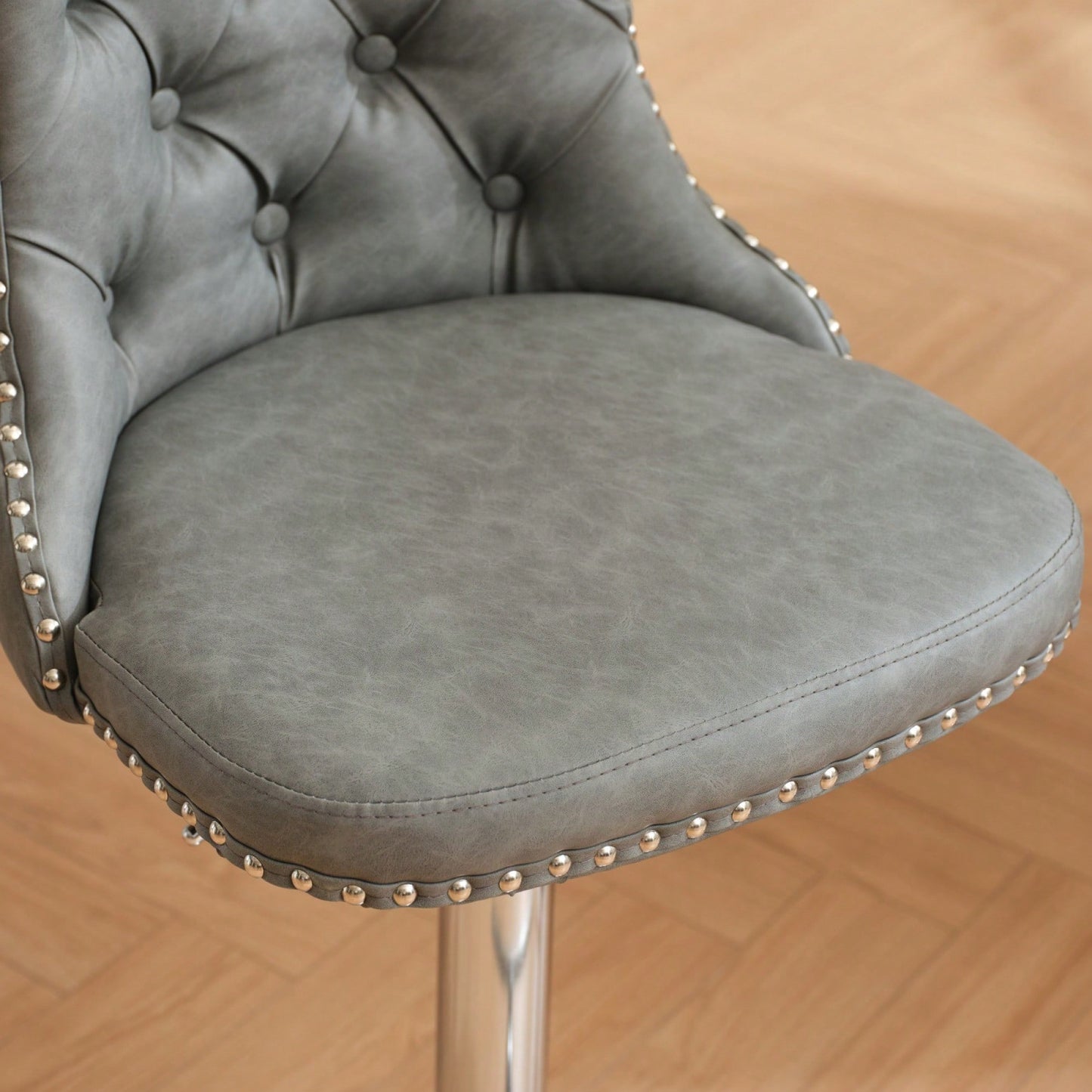 Beige Adjustable Swivel PU Leather Bar Stools with Tufted Backs Chrome Base Set of 2 Height 25-33 Inches for Home Pub and Kitchen Island