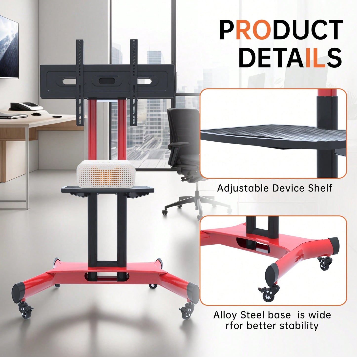 Height Adjustable Swivel TV Stand for 32-80 Inch TVs with Tilt Feature Fits VESA 600x400mm Red Color
