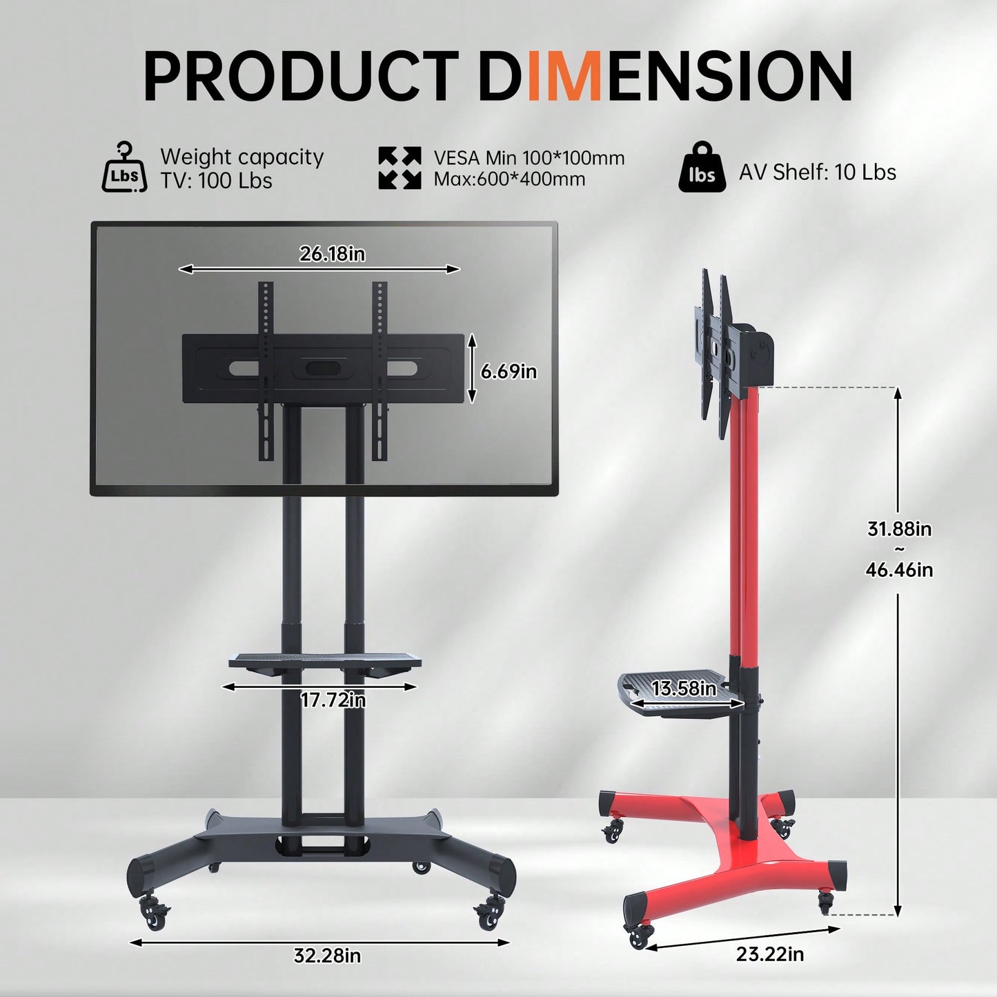 Height Adjustable Swivel TV Stand for 32-80 Inch TVs with Tilt Feature Fits VESA 600x400mm Red Color
