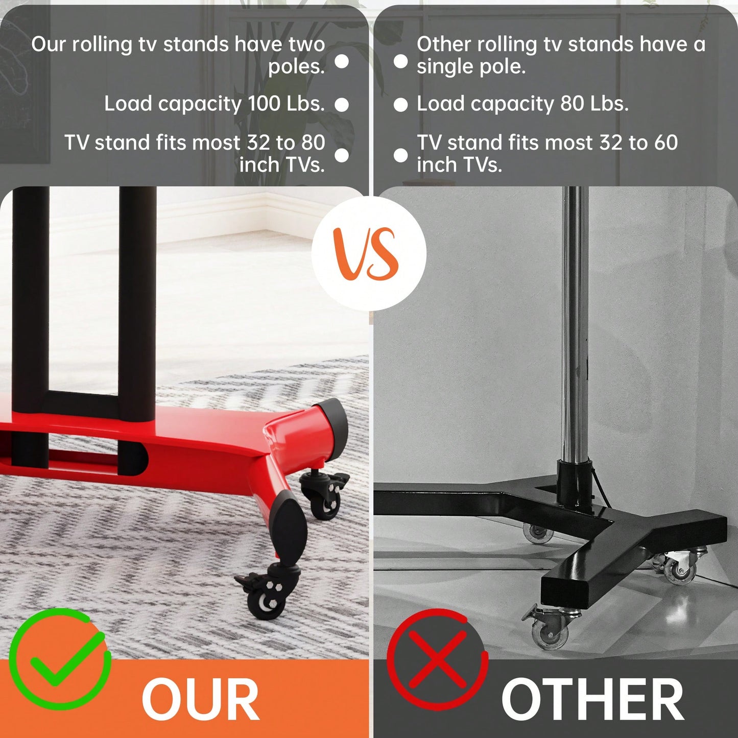 Height Adjustable Swivel TV Stand for 32-80 Inch TVs with Tilt Feature Fits VESA 600x400mm Red Color