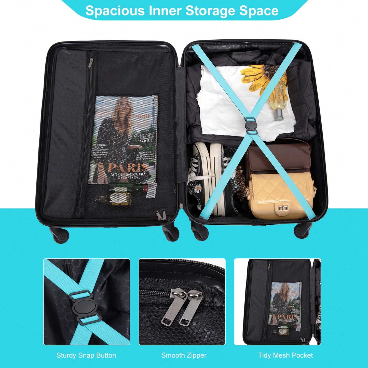 Stylish 3-Piece ABS Luggage Set With Spinner Wheels, TSA Lock, And Dual Hooks - Lightweight Travel Suitcases In Turquoise (20"/24"/28")