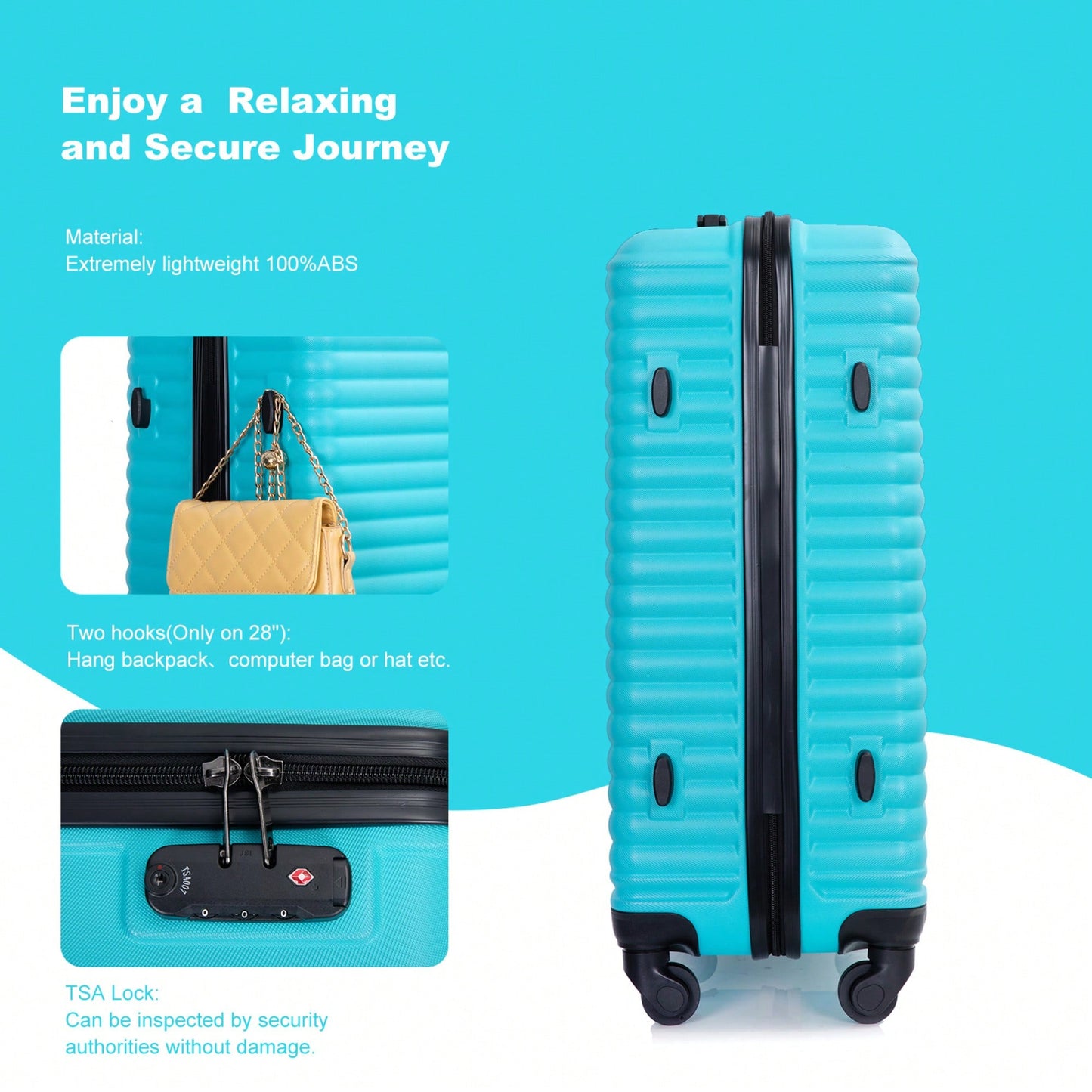 Stylish 3-Piece ABS Luggage Set With Spinner Wheels, TSA Lock, And Dual Hooks - Lightweight Travel Suitcases In Turquoise (20"/24"/28")