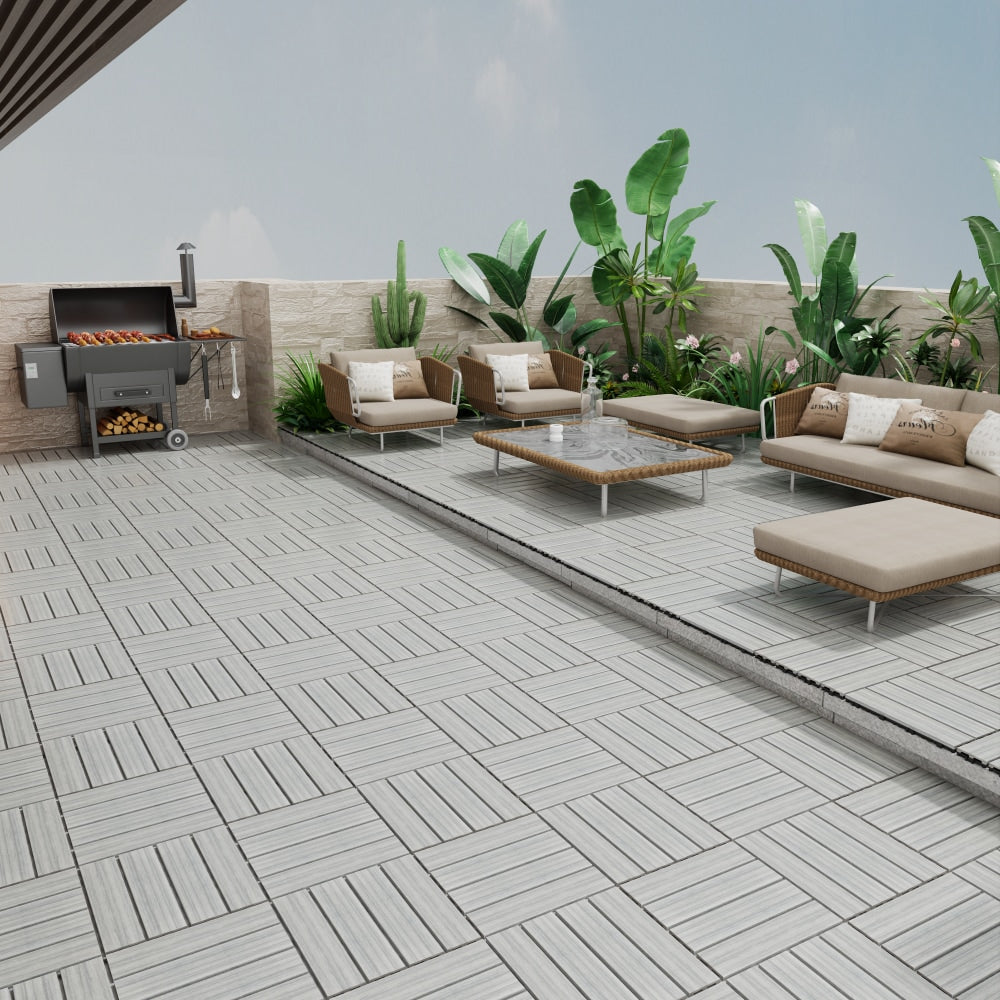 Durable Interlocking WPC Patio Deck Tiles Pack of 11 Water-Resistant Composite Flooring for Indoor Outdoor DIY Projects 11.8 Inch