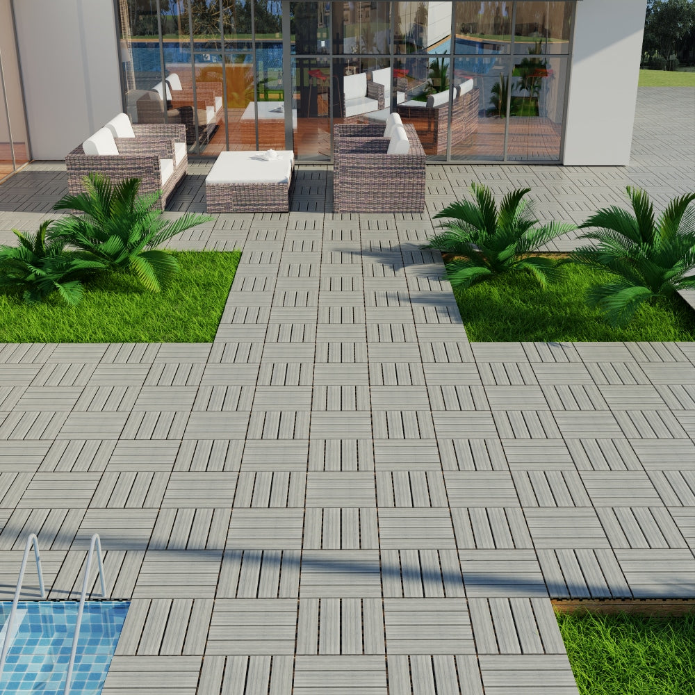 Durable Interlocking WPC Patio Deck Tiles Pack of 11 Water-Resistant Composite Flooring for Indoor Outdoor DIY Projects 11.8 Inch
