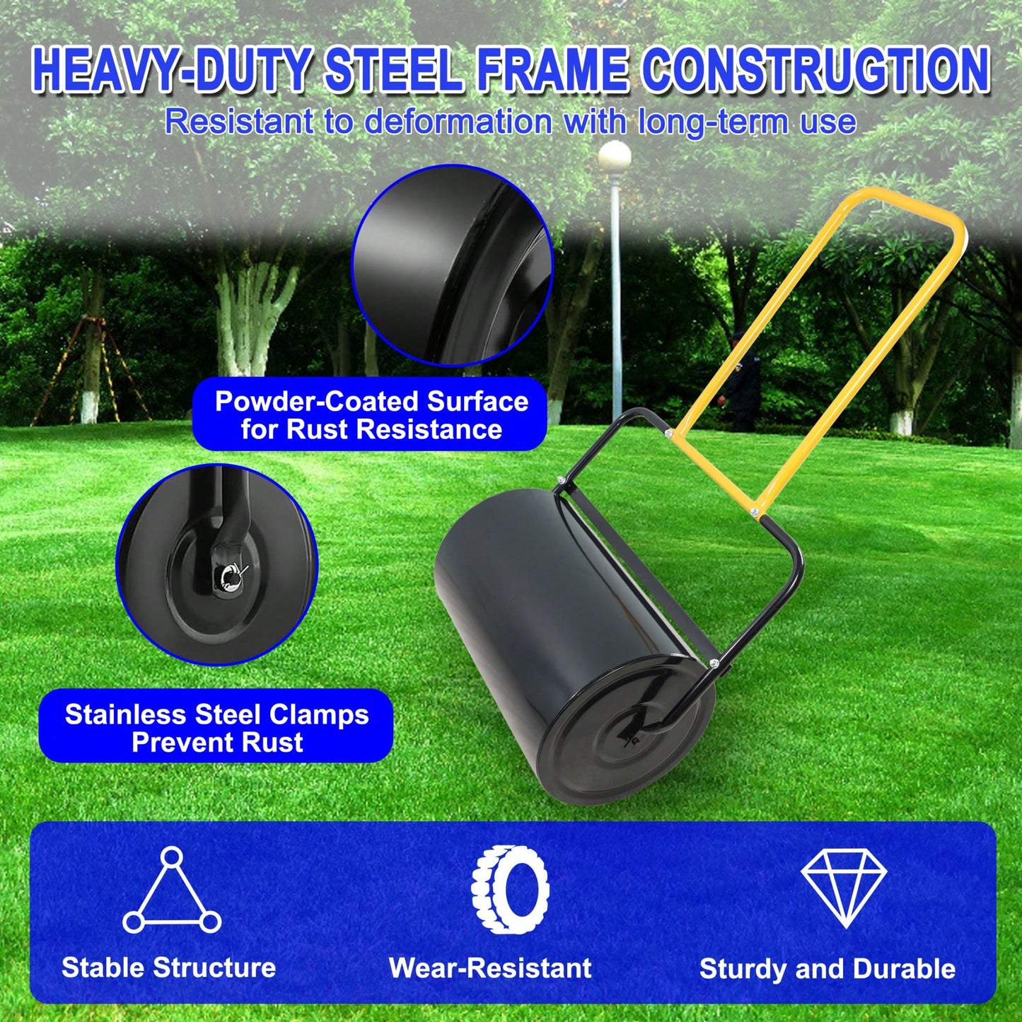 High-Capacity 40L Lawn Roller with Ergonomic Handle Fills with Sand or Water for Easy Use in Gardens Farms and Parks