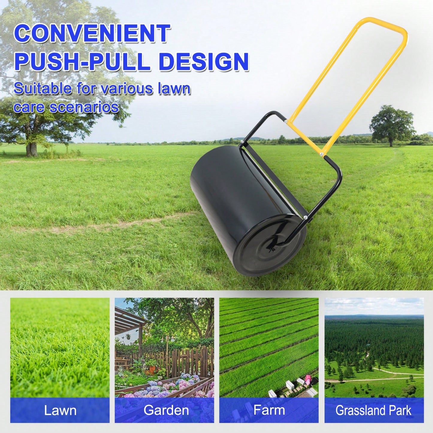 High-Capacity 40L Lawn Roller with Ergonomic Handle Fills with Sand or Water for Easy Use in Gardens Farms and Parks