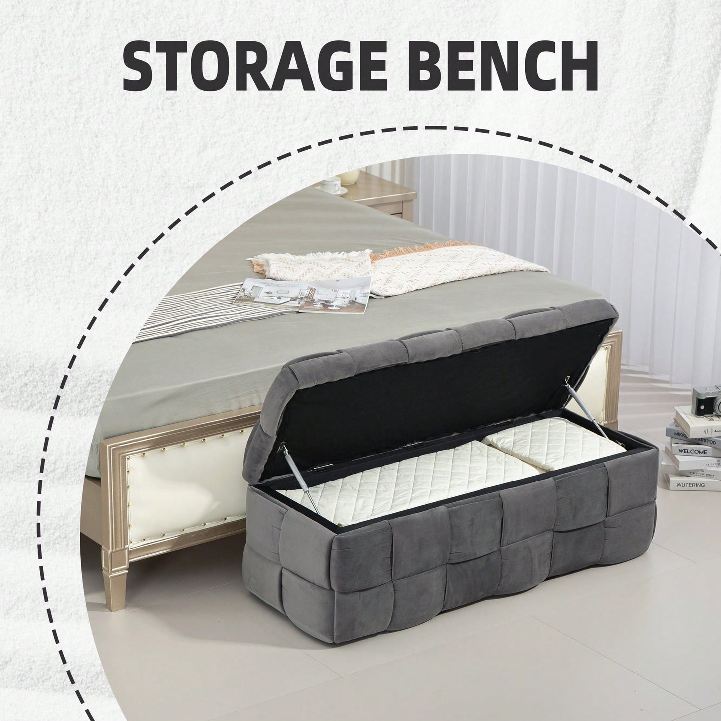 Versatile Upholstered Storage Ottoman Bench With Safety Hinge For Living Room And Bedroom - Stylish Entryway Footstool In Beige