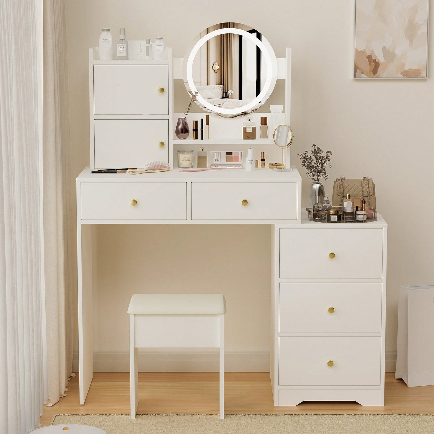 Stylish Makeup Vanity Set With Adjustable Lighting Mirror & Cushioned Chair - Elegant Dressing Table In White