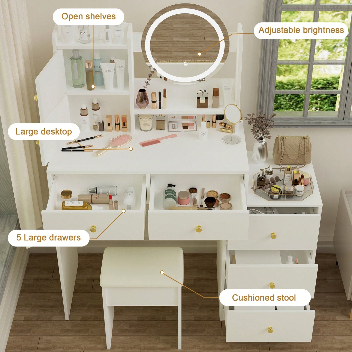 Stylish Makeup Vanity Set With Adjustable Lighting Mirror & Cushioned Chair - Elegant Dressing Table In White