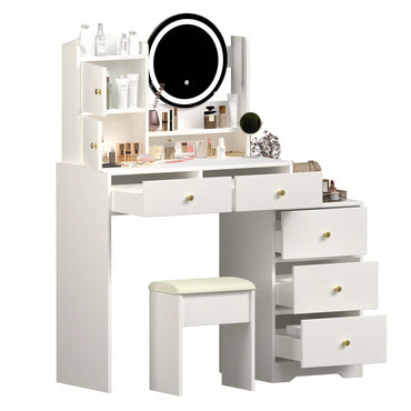 Stylish Makeup Vanity Set With Adjustable Lighting Mirror & Cushioned Chair - Elegant Dressing Table In White