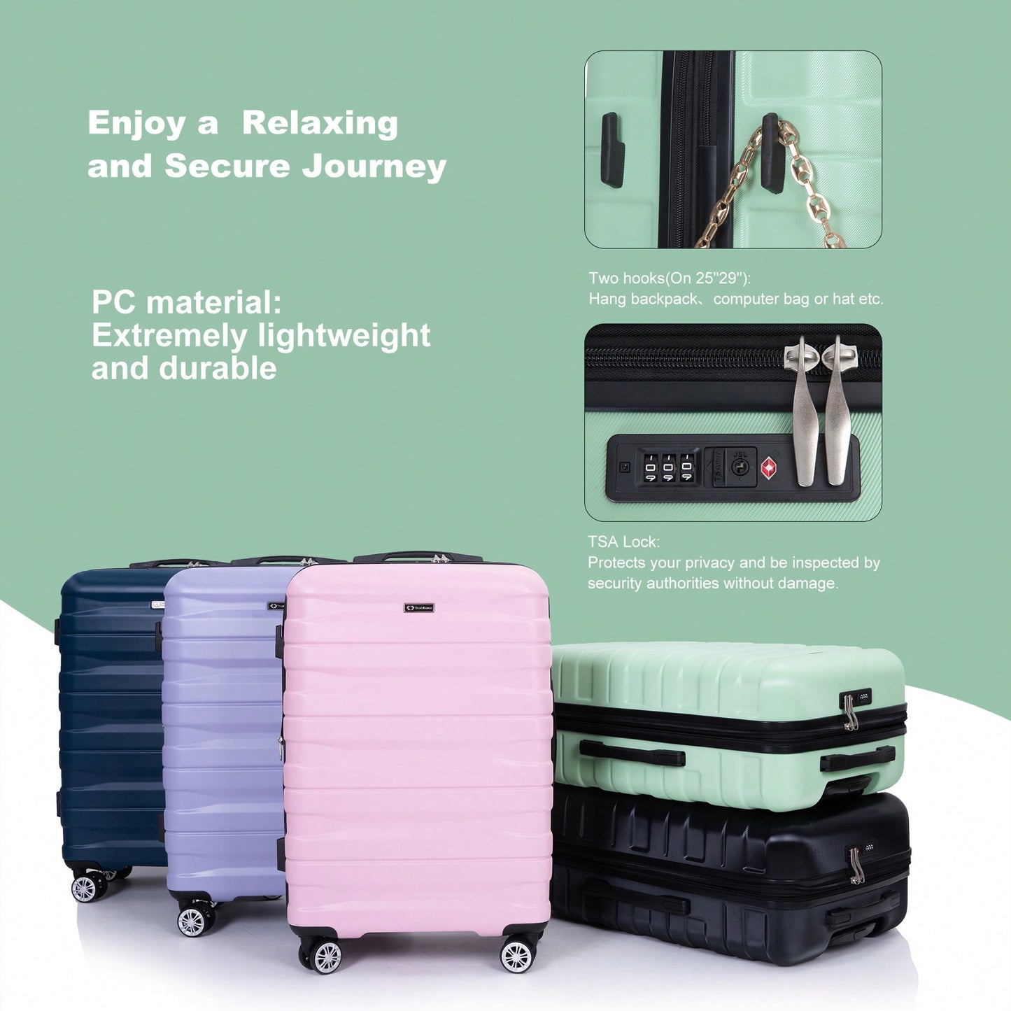 Lightweight Durable 3-Piece Expandable Luggage Set With Double Spinner Wheels, TSA Lock, And Hooks - Dark Blue (21"/25"/29")