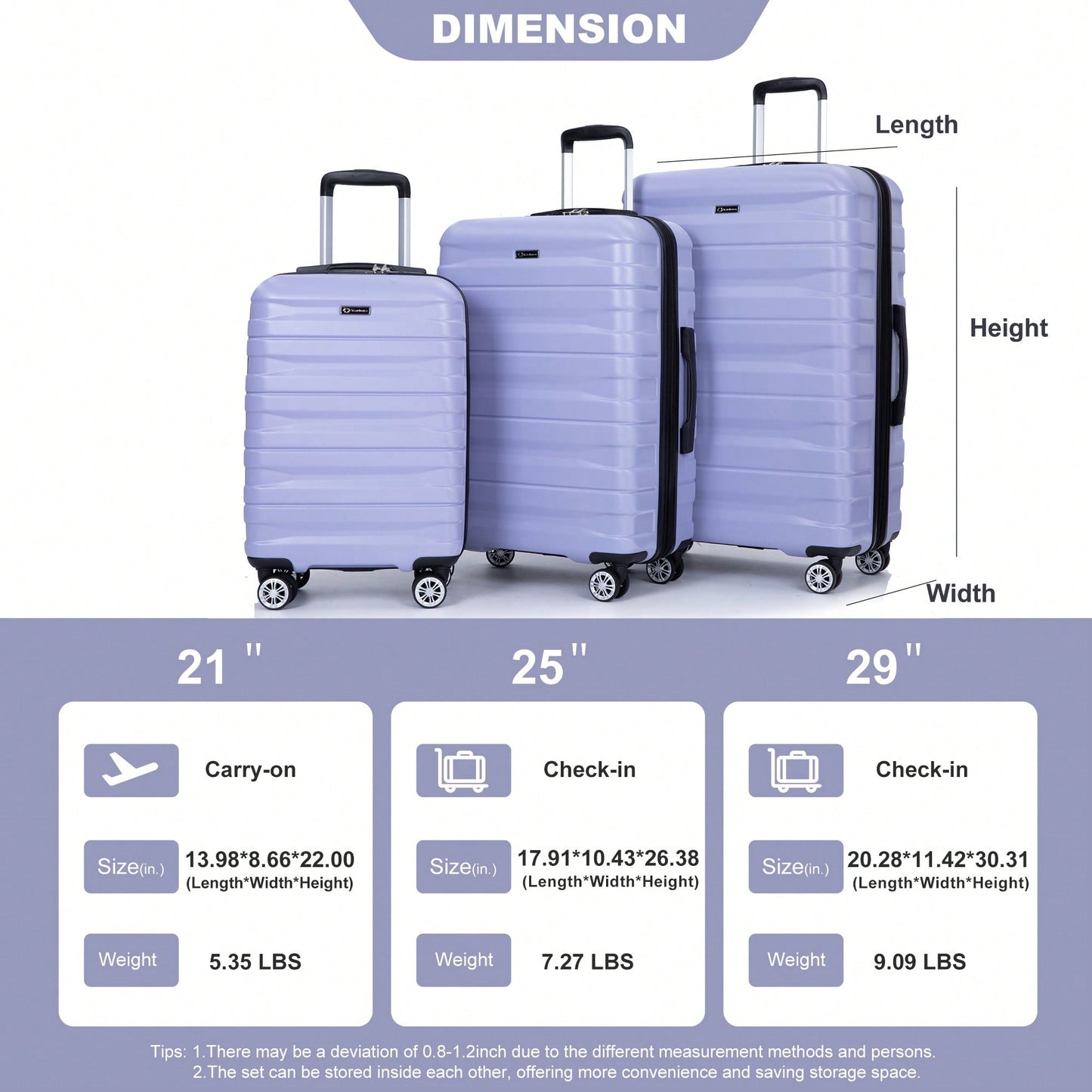 Lightweight Durable 3-Piece Expandable Luggage Set With Double Spinner Wheels, TSA Lock, And Hooks - Dark Blue (21"/25"/29")