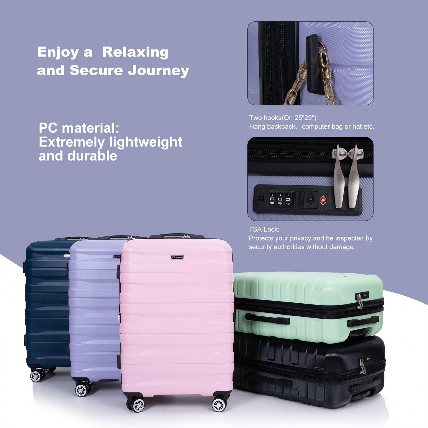 Lightweight Durable 3-Piece Expandable Luggage Set With Double Spinner Wheels, TSA Lock, And Hooks - Dark Blue (21"/25"/29")