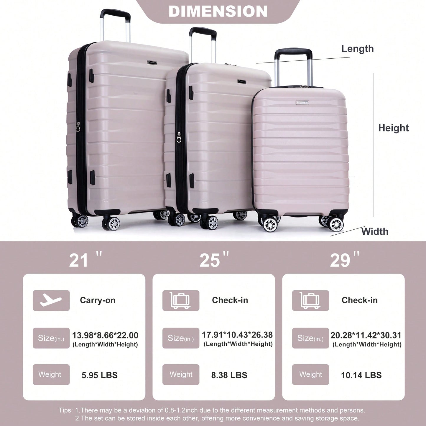 Lightweight Durable 3-Piece Expandable Luggage Set With Double Spinner Wheels, TSA Lock, And Hooks - Dark Blue (21"/25"/29")