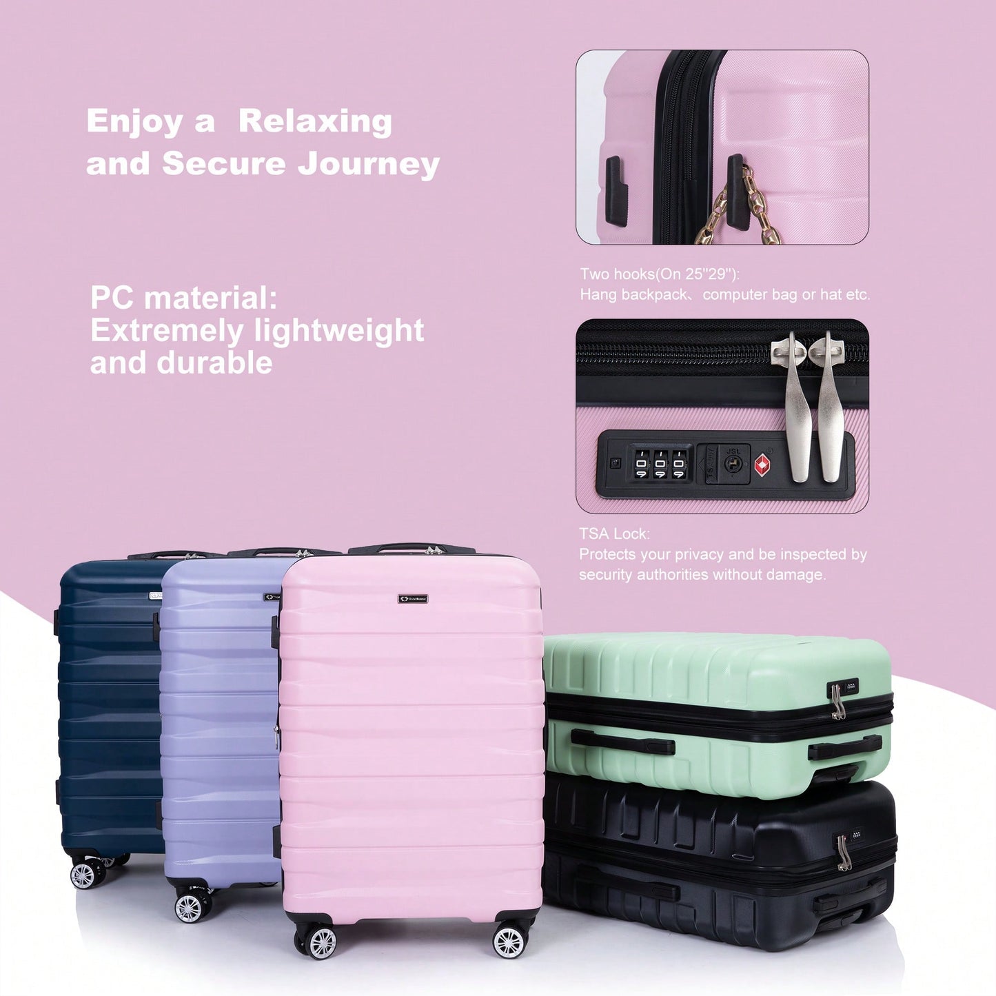 Lightweight Durable 3-Piece Expandable Luggage Set With Double Spinner Wheels, TSA Lock, And Hooks - Dark Blue (21"/25"/29")