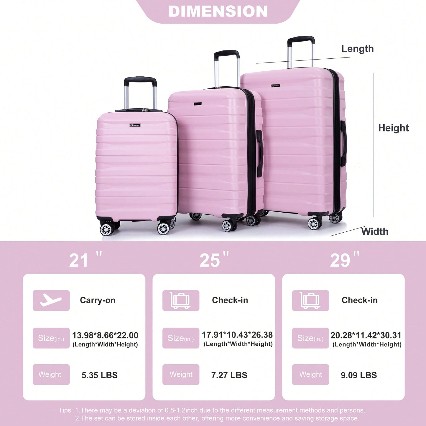 Lightweight Durable 3-Piece Expandable Luggage Set With Double Spinner Wheels, TSA Lock, And Hooks - Dark Blue (21"/25"/29")