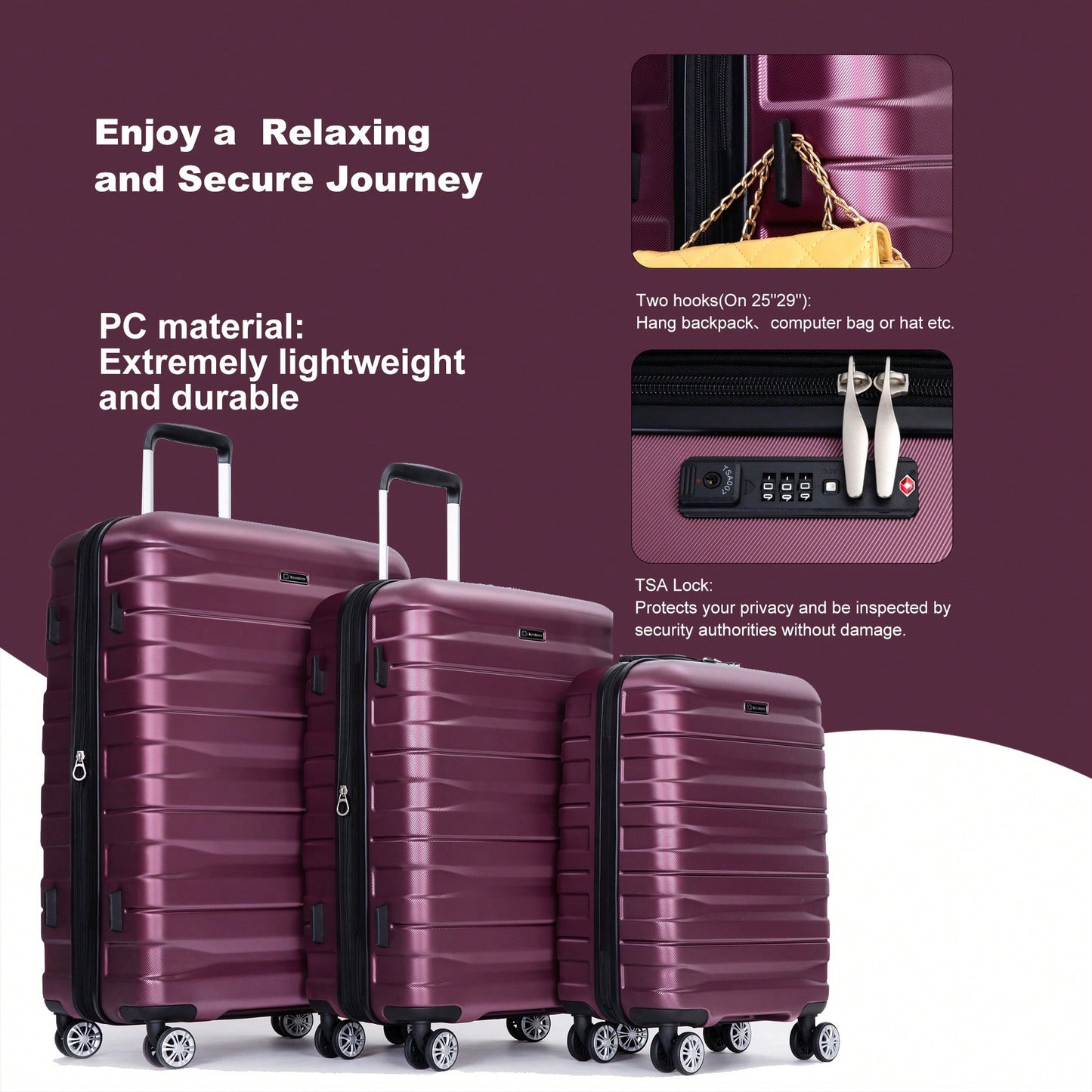 Lightweight Durable 3-Piece Expandable Luggage Set With Double Spinner Wheels, TSA Lock, And Hooks - Dark Blue (21"/25"/29")