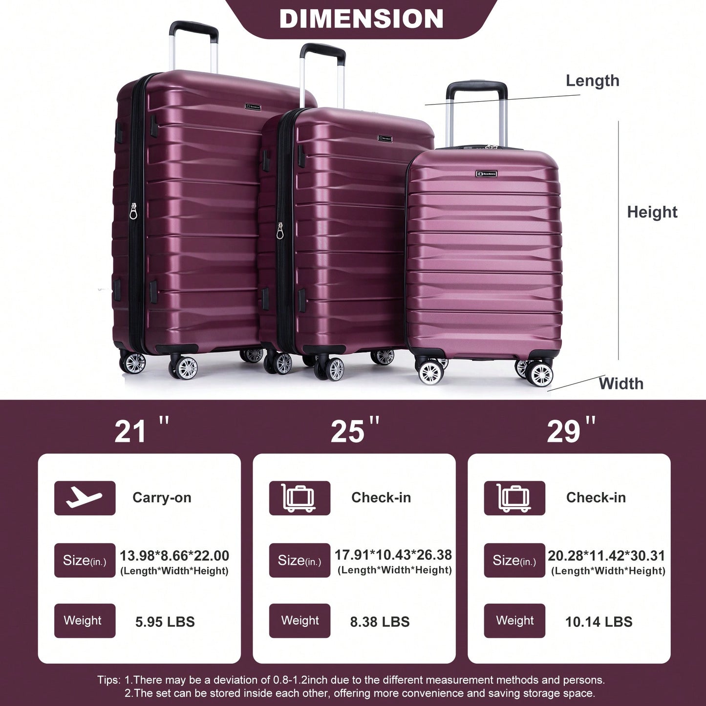 Lightweight Durable 3-Piece Expandable Luggage Set With Double Spinner Wheels, TSA Lock, And Hooks - Dark Blue (21"/25"/29")