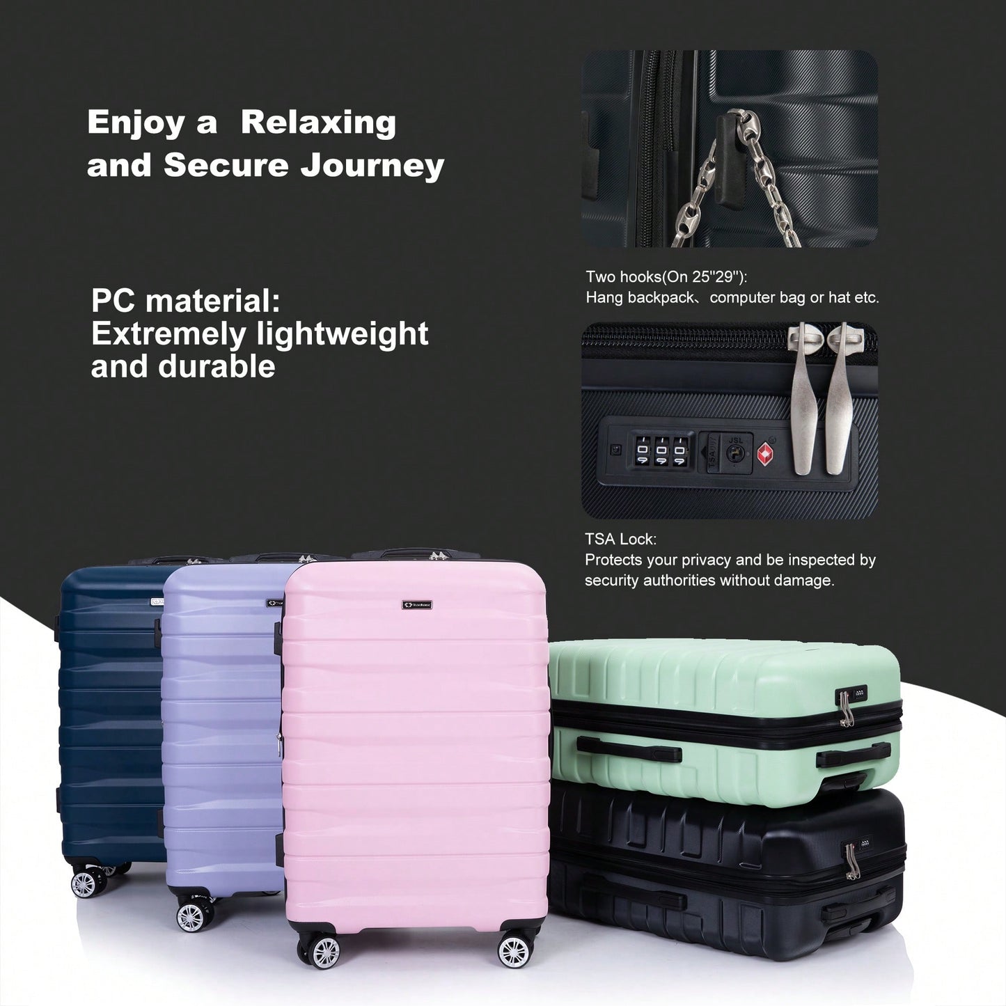 Lightweight Durable 3-Piece Expandable Luggage Set With Double Spinner Wheels, TSA Lock, And Hooks - Dark Blue (21"/25"/29")