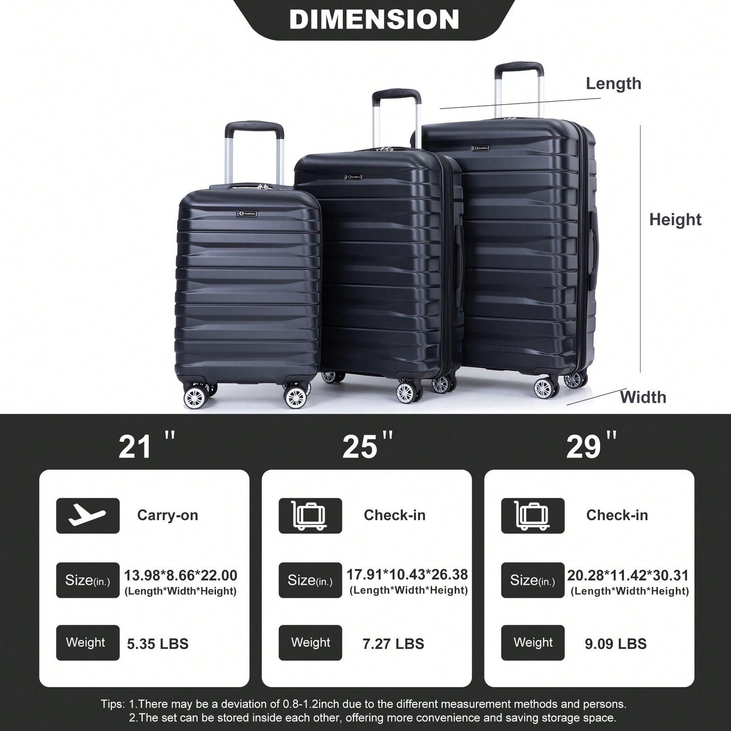 Lightweight Durable 3-Piece Expandable Luggage Set With Double Spinner Wheels, TSA Lock, And Hooks - Dark Blue (21"/25"/29")