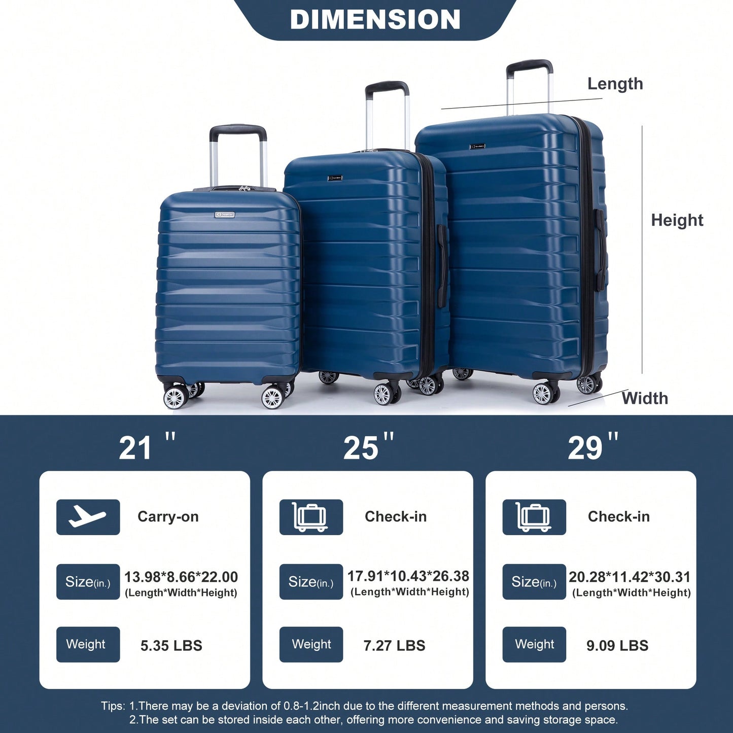 Lightweight Durable 3-Piece Expandable Luggage Set With Double Spinner Wheels, TSA Lock, And Hooks - Dark Blue (21"/25"/29")