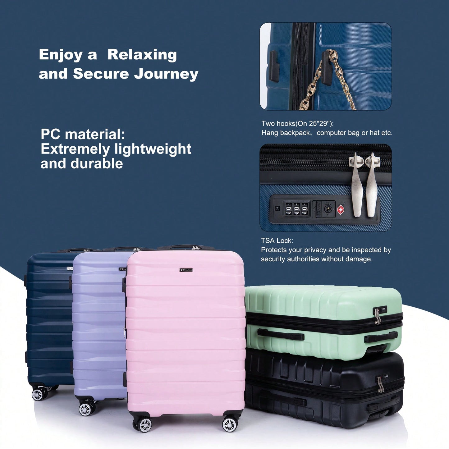 Lightweight Durable 3-Piece Expandable Luggage Set With Double Spinner Wheels, TSA Lock, And Hooks - Dark Blue (21"/25"/29")