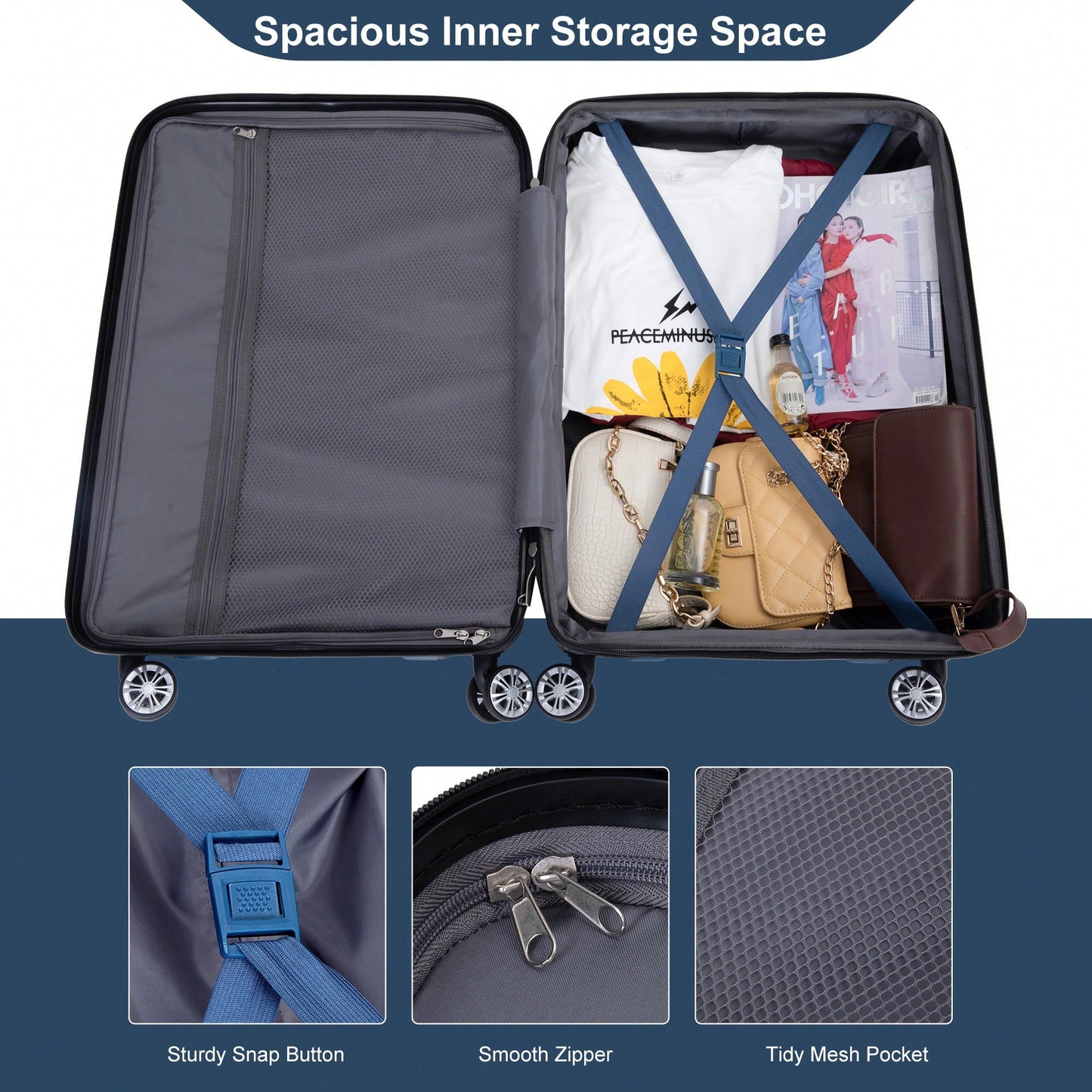 Lightweight Durable 3-Piece Expandable Luggage Set With Double Spinner Wheels, TSA Lock, And Hooks - Dark Blue (21"/25"/29")