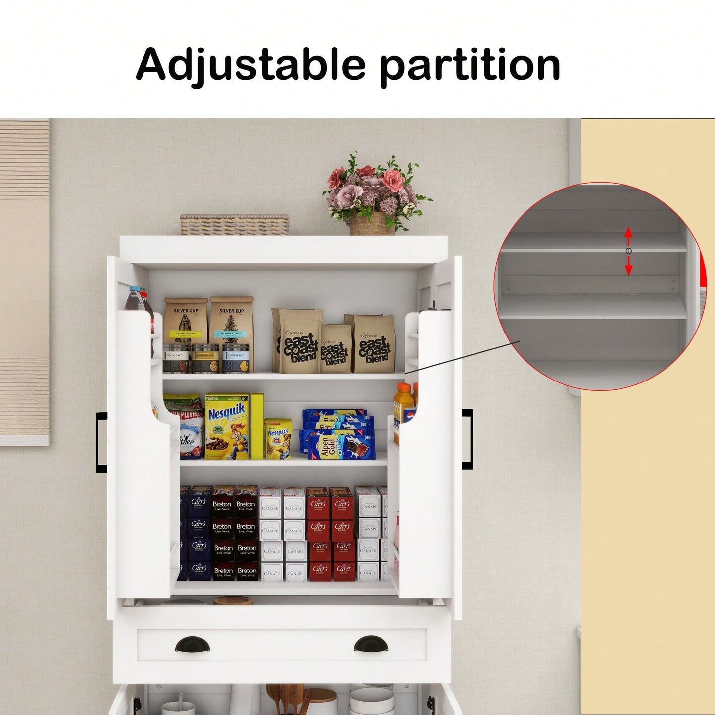 Elegant 71 Inch Freestanding Kitchen Pantry Cabinet with Adjustable Shelves and Drawer for Stylish Storage in White Finish