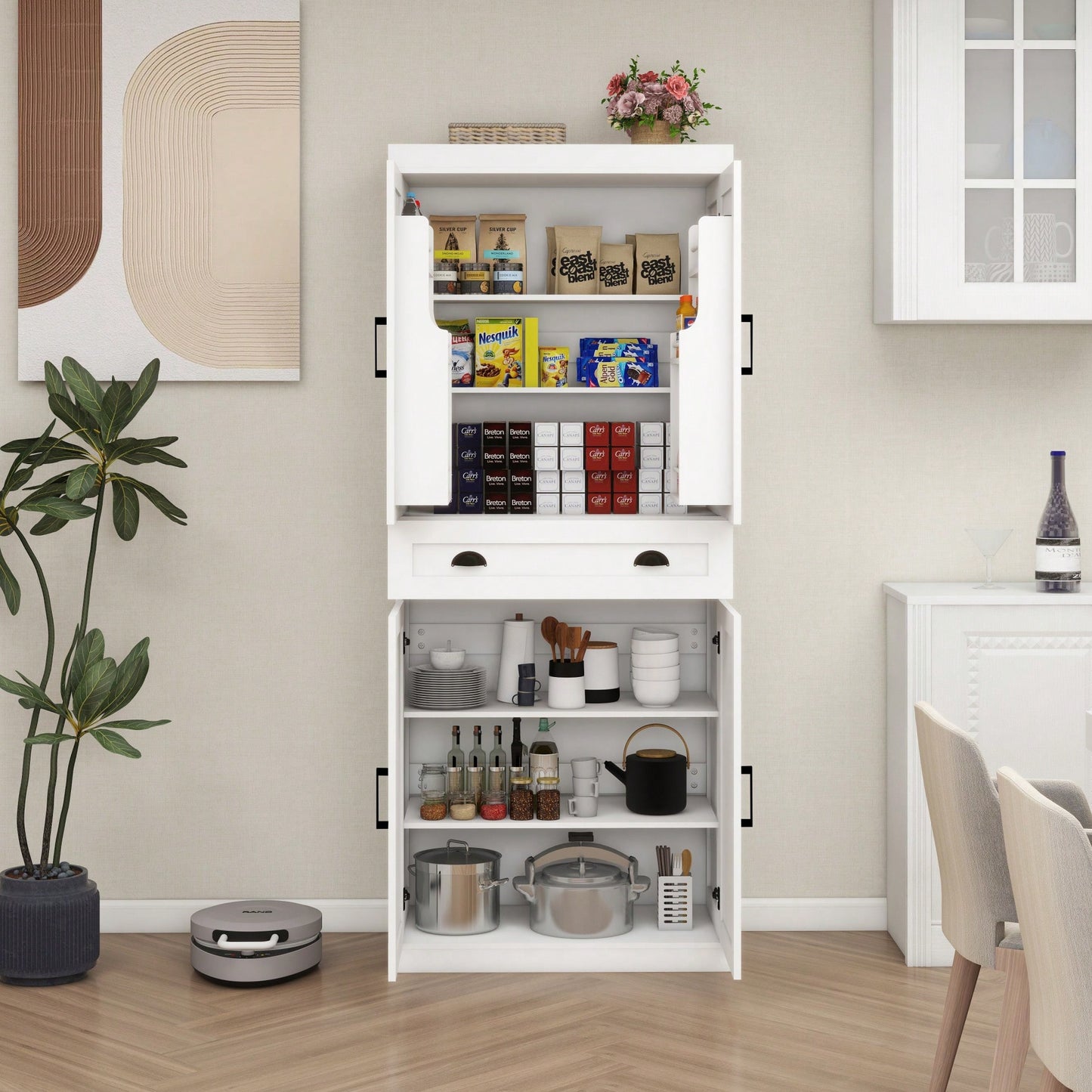 Elegant 71 Inch Freestanding Kitchen Pantry Cabinet with Adjustable Shelves and Drawer for Stylish Storage in White Finish