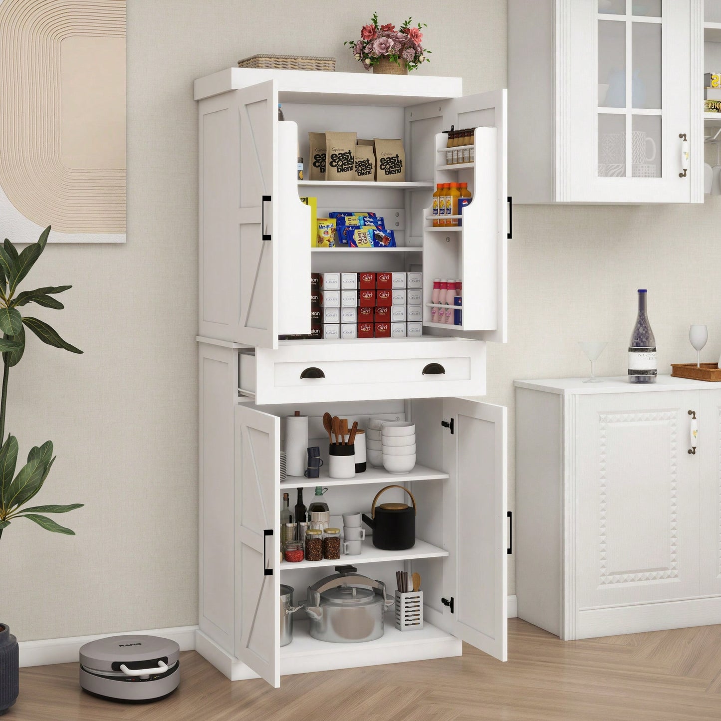 Elegant 71 Inch Freestanding Kitchen Pantry Cabinet with Adjustable Shelves and Drawer for Stylish Storage in White Finish