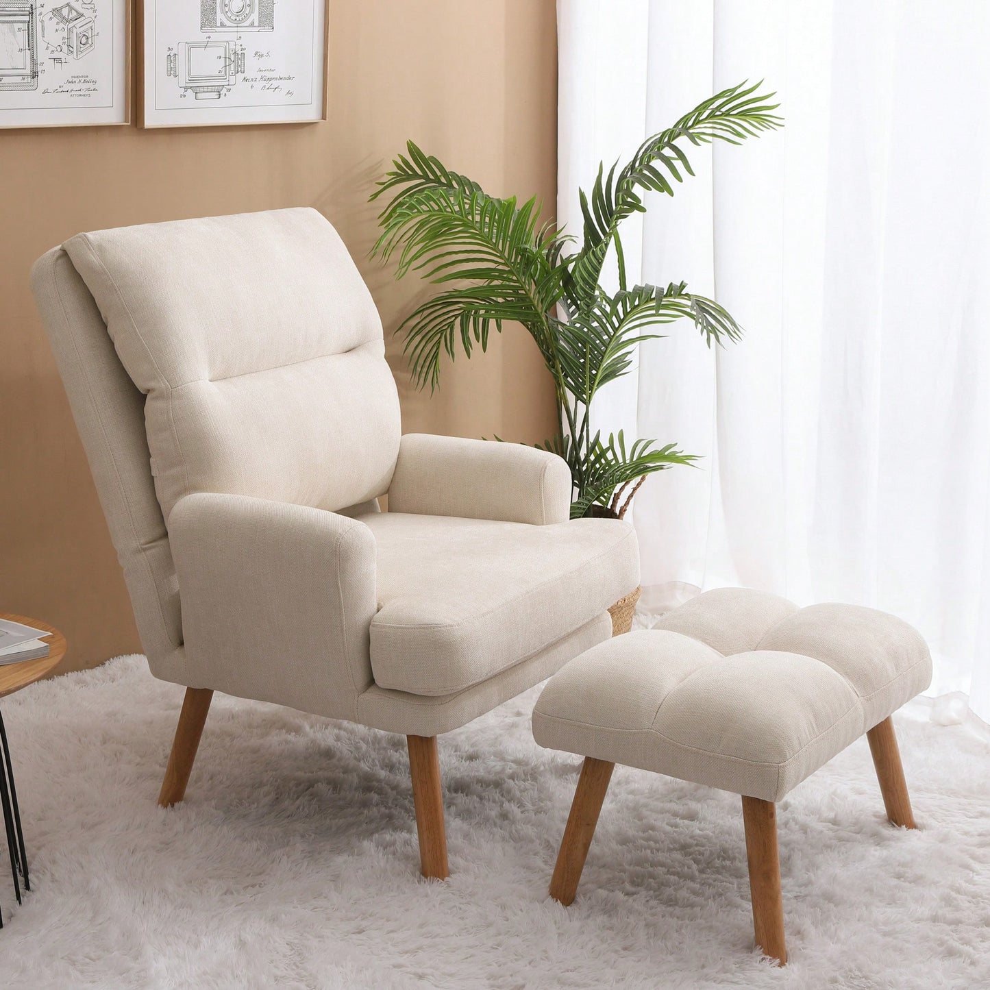 Mid Century Modern Accent Chair and Ottoman Set with Adjustable Backrest for Living Room and Bedroom