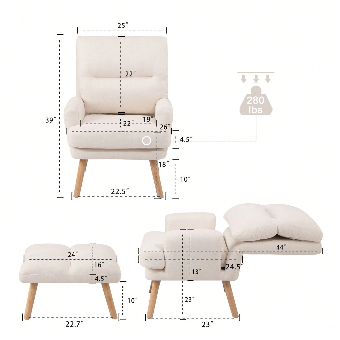 Mid Century Modern Accent Chair and Ottoman Set with Adjustable Backrest for Living Room and Bedroom