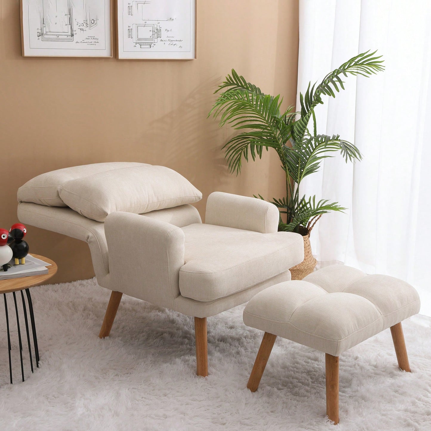 Mid Century Modern Accent Chair and Ottoman Set with Adjustable Backrest for Living Room and Bedroom
