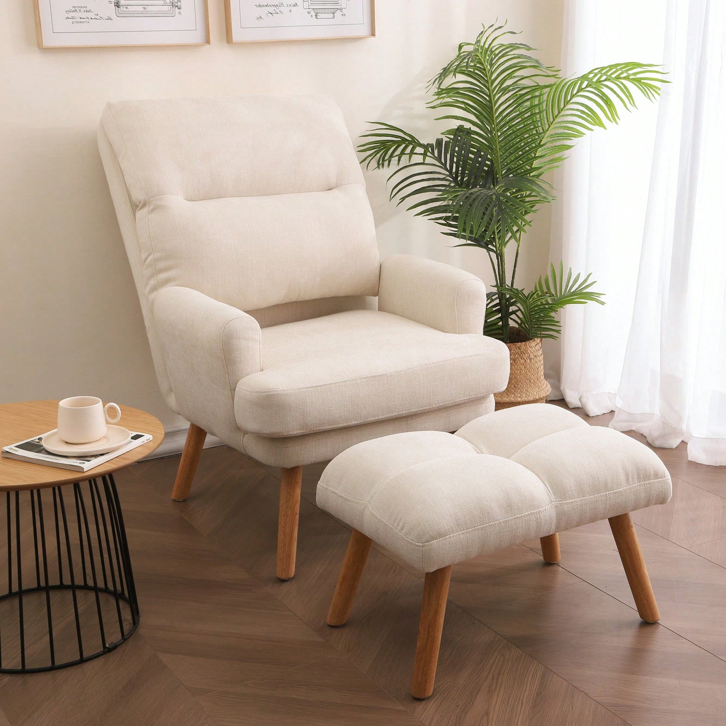 Mid Century Modern Accent Chair and Ottoman Set with Adjustable Backrest for Living Room and Bedroom